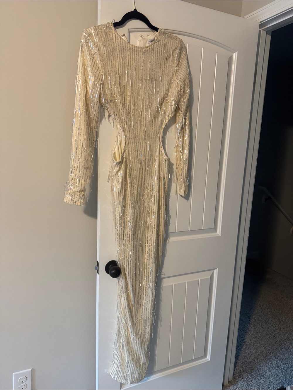 Fashion Nova Ivory Sequin Long Sleeve Cutout Gown